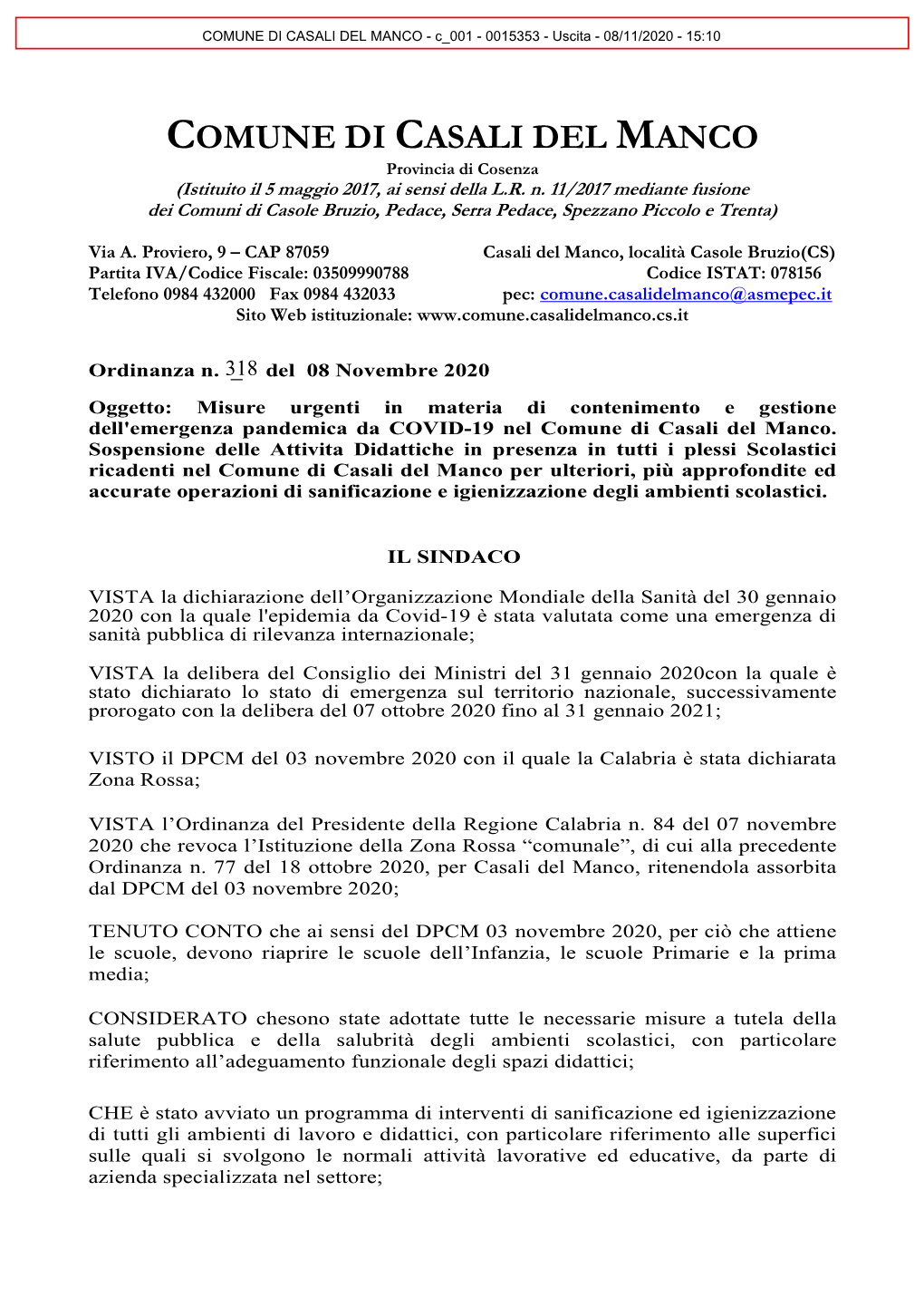 COMUNE DI CASALI DEL MANCO - C 001 - 0015353 - Uscita - 08/11/2020 - 15:10