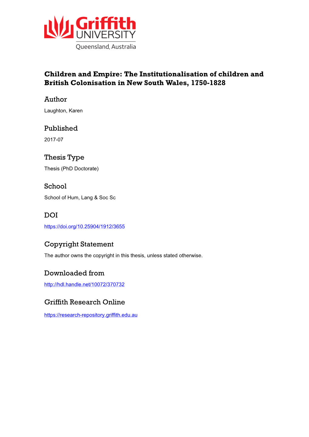 The Institutionalisation of Children and British Colonisation in New South Wales, 1750-1828