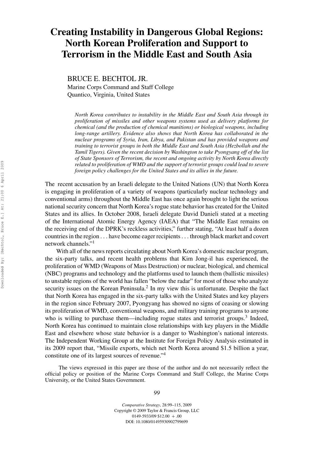 Creating Instability in Dangerous Global Regions: North Korean Proliferation and Support to Terrorism in the Middle East and South Asia