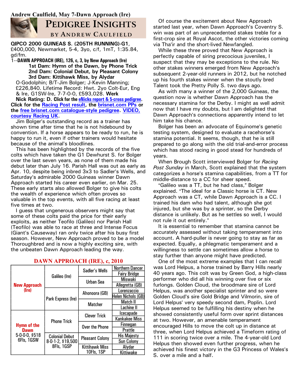 Dawn Approach (Ire) of Course the Excitement About New Approach PEDIGREE INSIGHTS Started Last Year, When Dawn Approach=S Coventry S