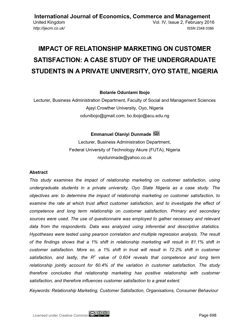 Impact of Relationship Marketing on Customer Satisfaction: a Case Study of the Undergraduate Students in a Private University, Oyo State, Nigeria