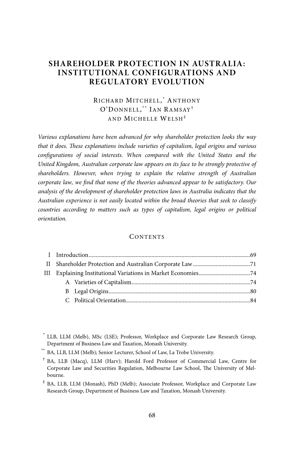 Shareholder Protection in Australia: Institutional Configurations and Regulatory Evolution