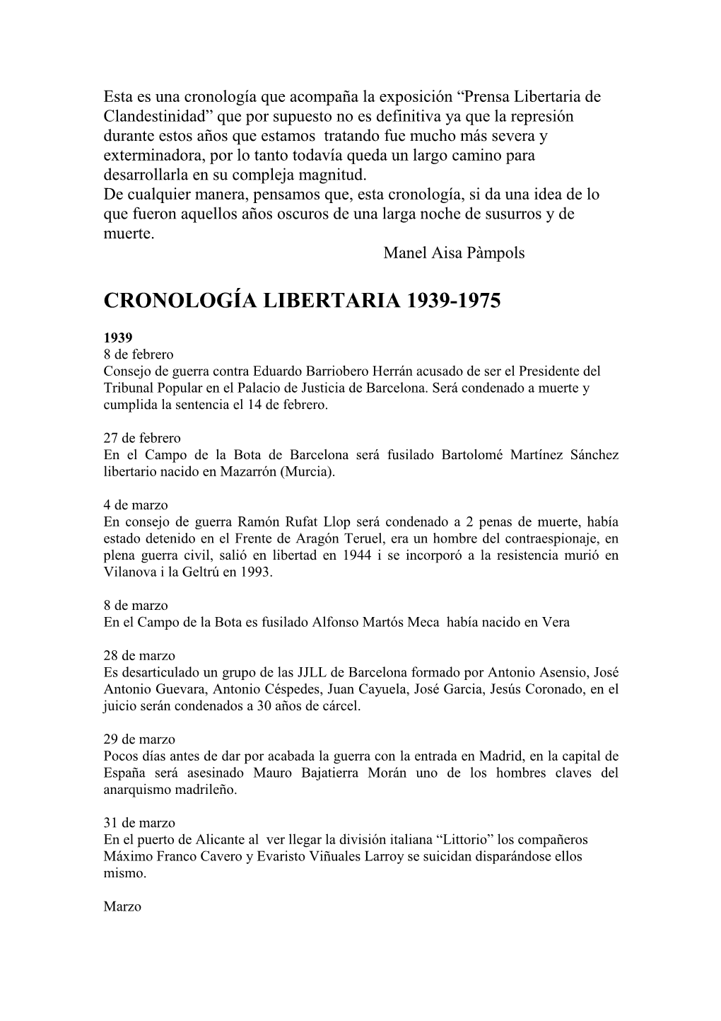 Cronología Libertaria 1939-1975