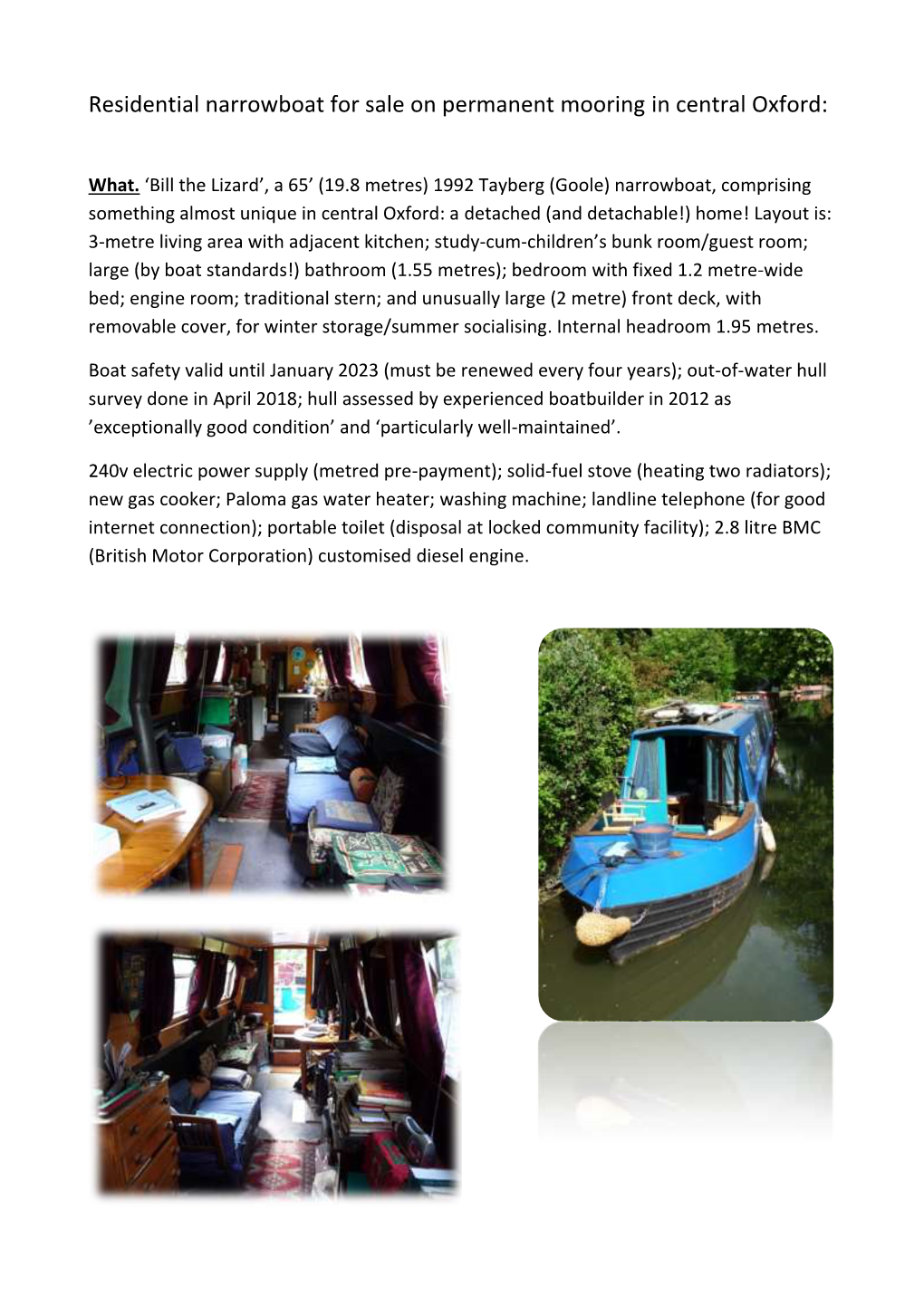 Residential Narrowboat for Sale on Permanent Mooring in Central Oxford