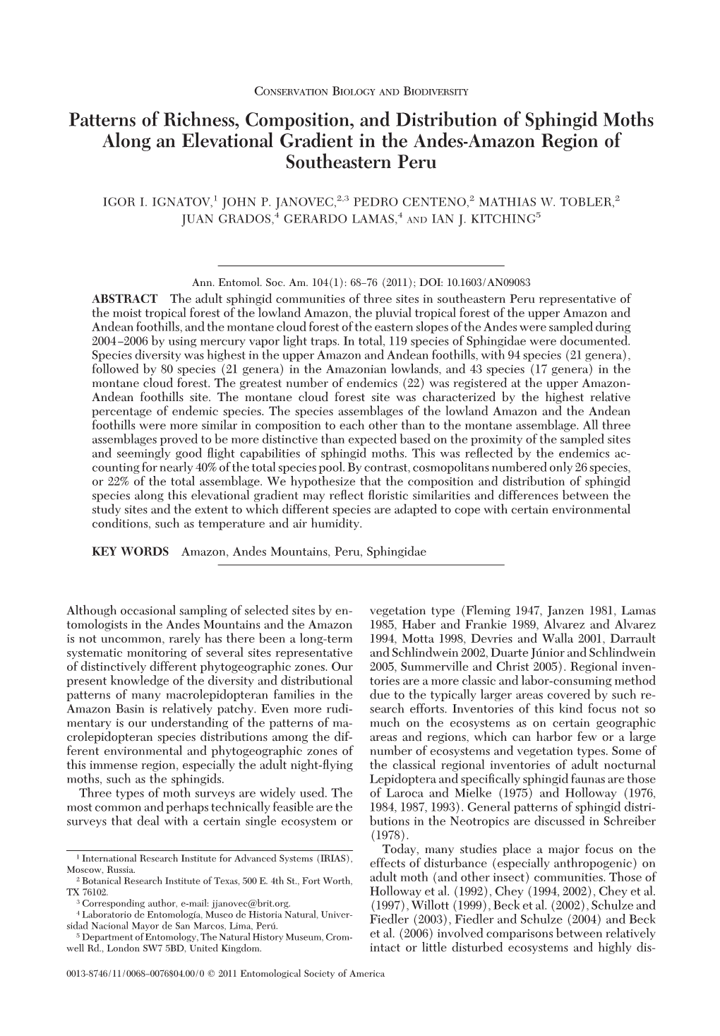 Patterns of Richness, Composition, and Distribution of Sphingid Moths Along an Elevational Gradient in the Andes-Amazon Region of Southeastern Peru