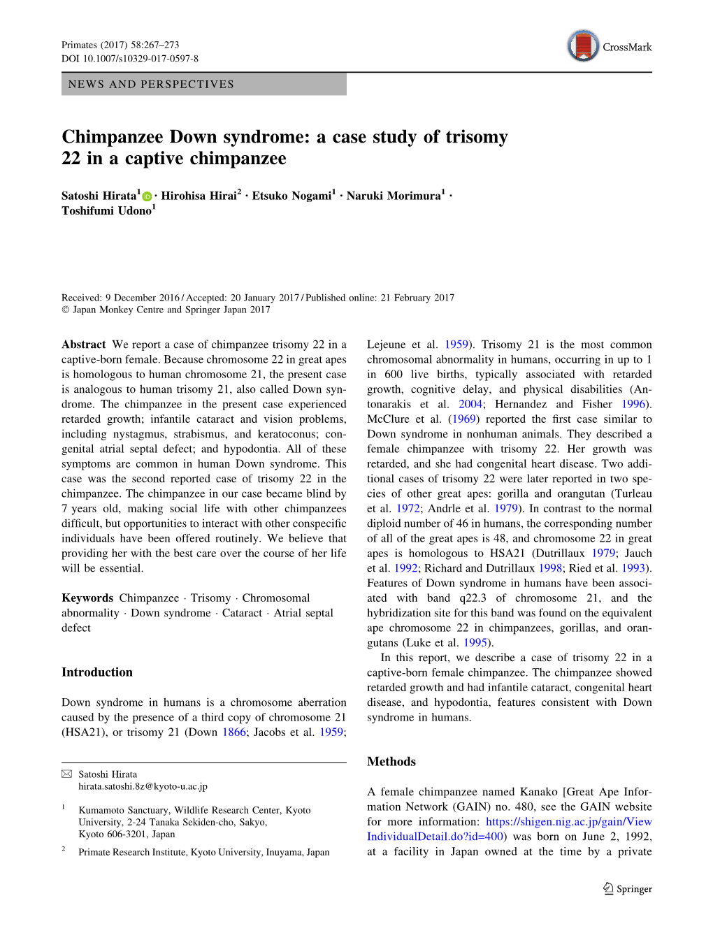 Chimpanzee Down Syndrome: a Case Study of Trisomy 22 in a Captive Chimpanzee