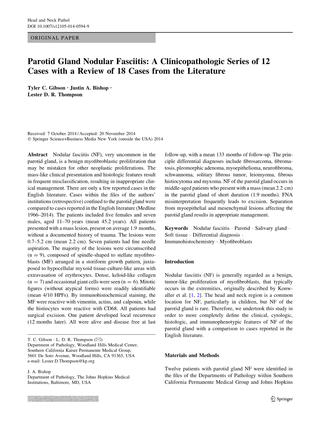 Parotid Gland Nodular Fasciitis: a Clinicopathologic Series of 12 Cases with a Review of 18 Cases from the Literature