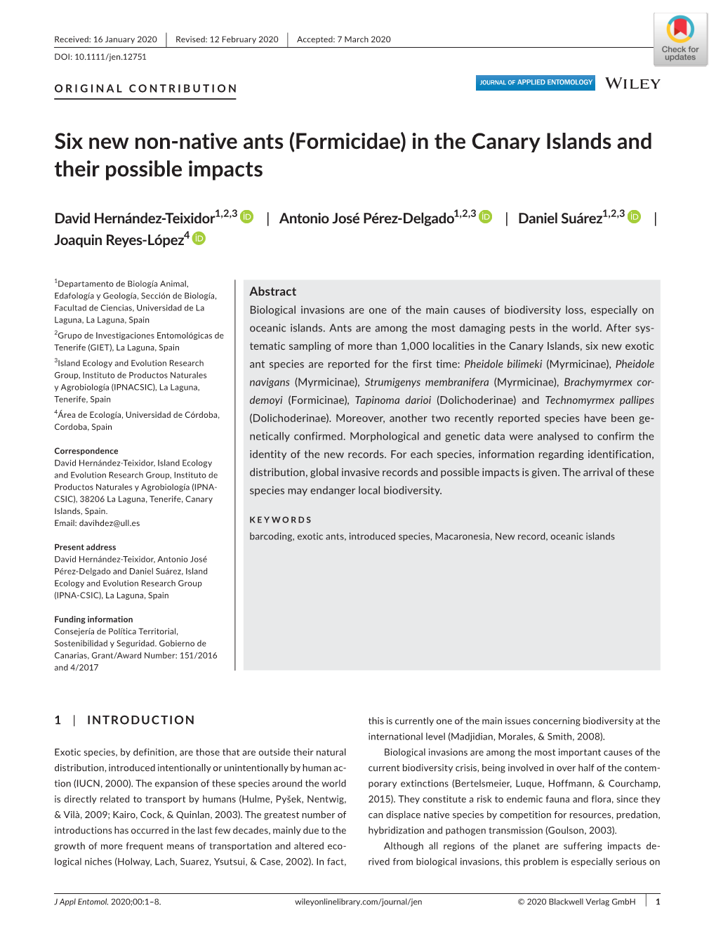 Formicidae) in the Canary Islands and Their Possible Impacts