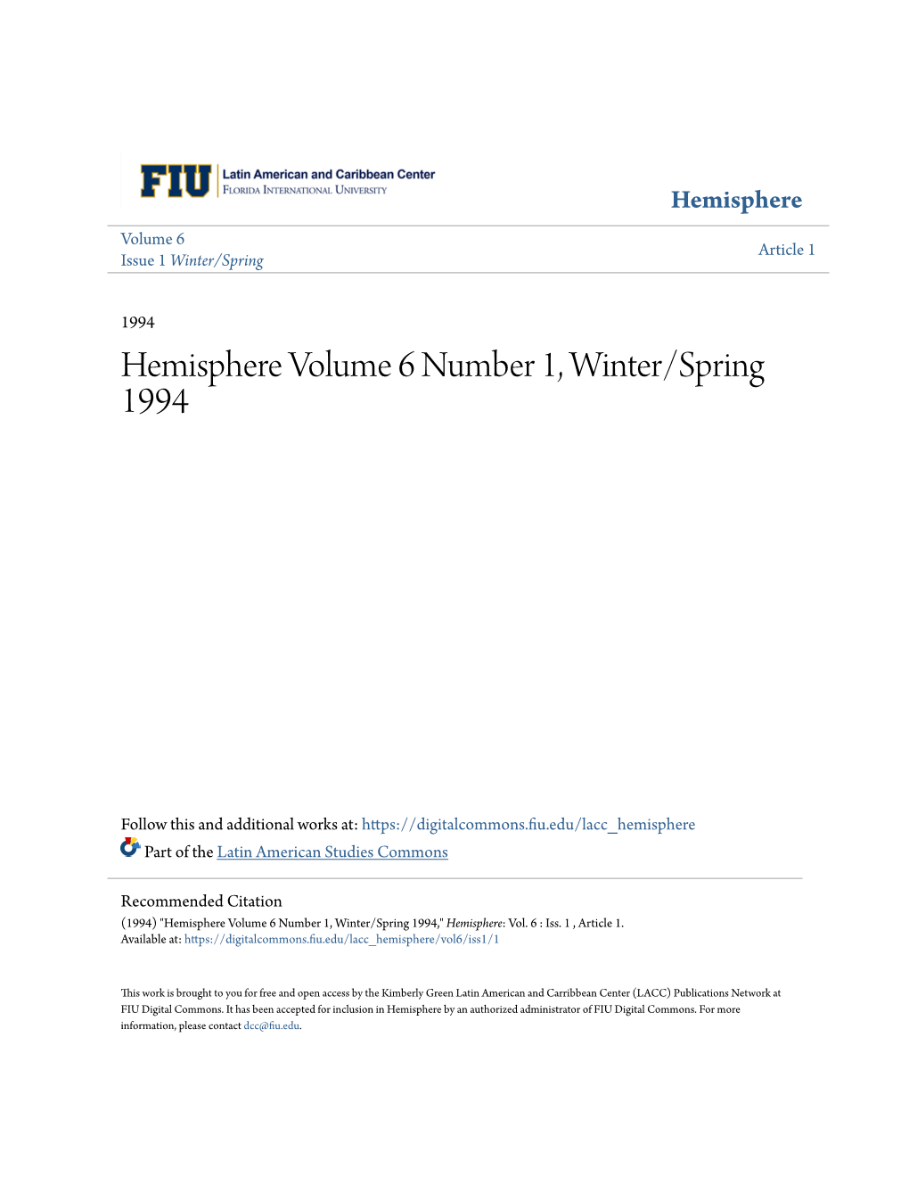 Hemisphere Volume 6 Number 1, Winter/Spring 1994
