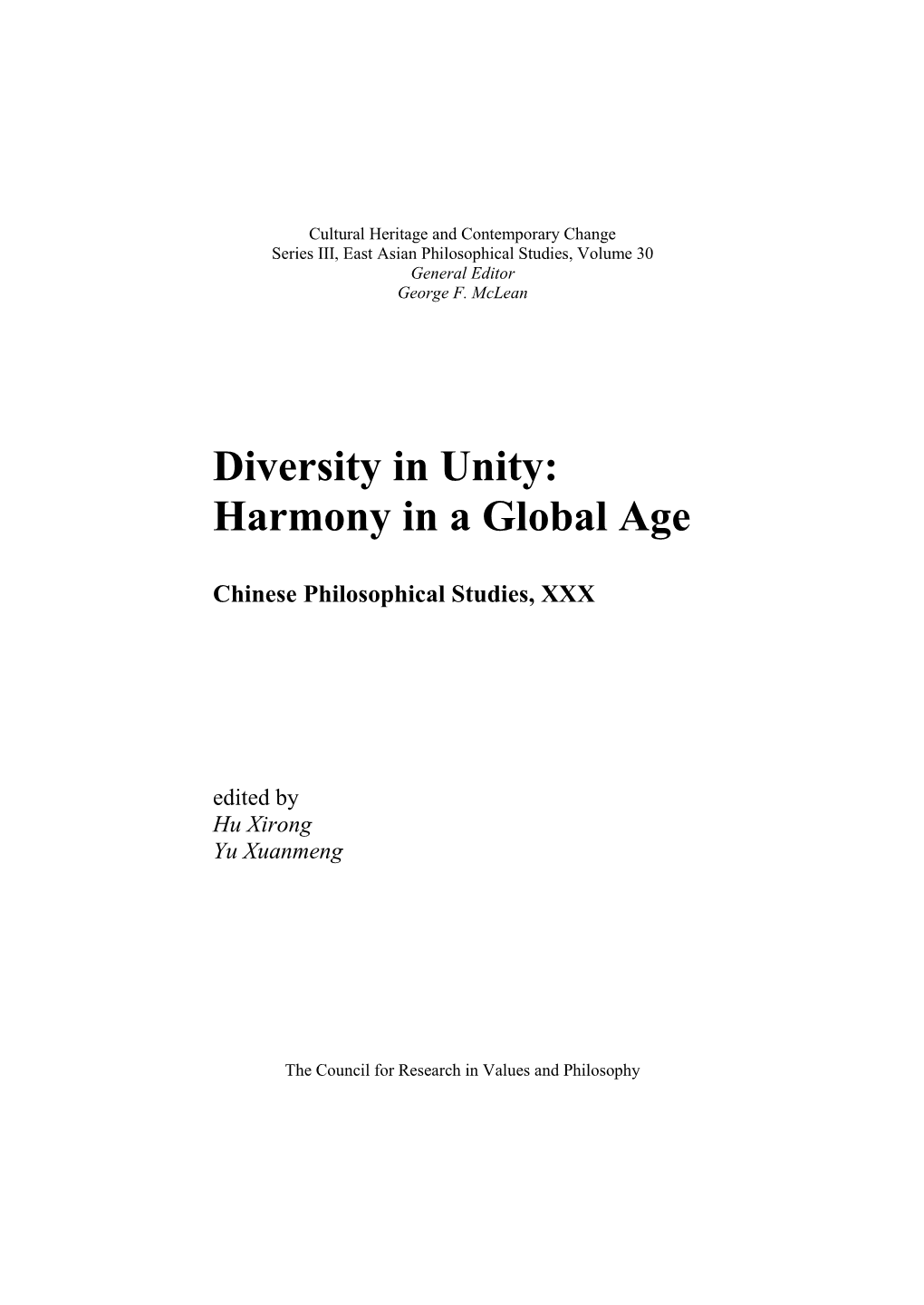 Diversity in Unity: Harmony in a Global Age