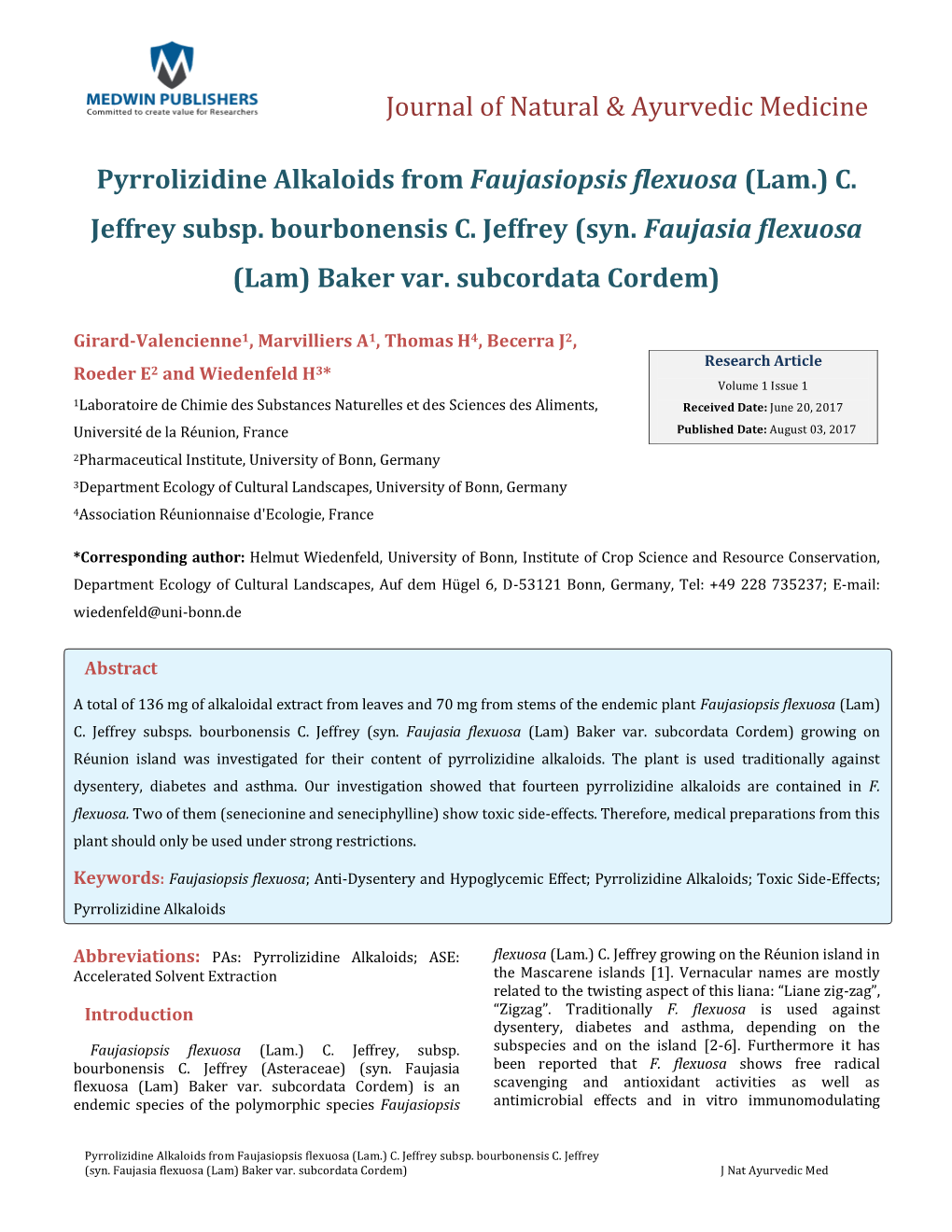 Pyrrolizidine Alkaloids from Faujasiopsis Flexuosa (Lam.) C