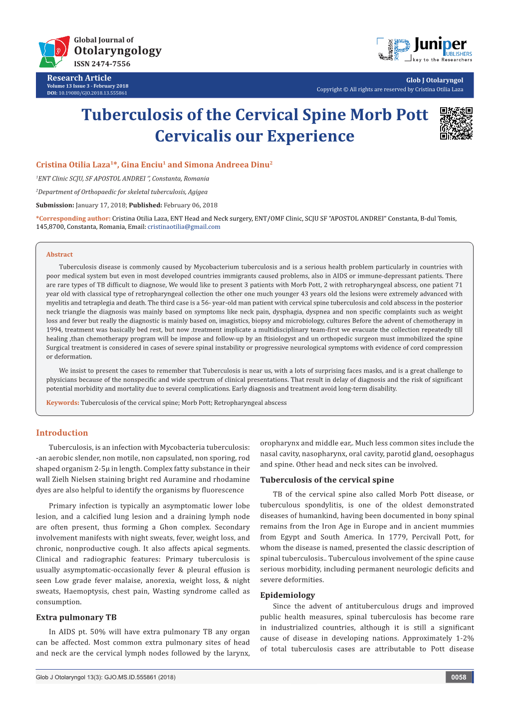 Tuberculosis of the Cervical Spine Morb Pott Cervicalis Our Experience