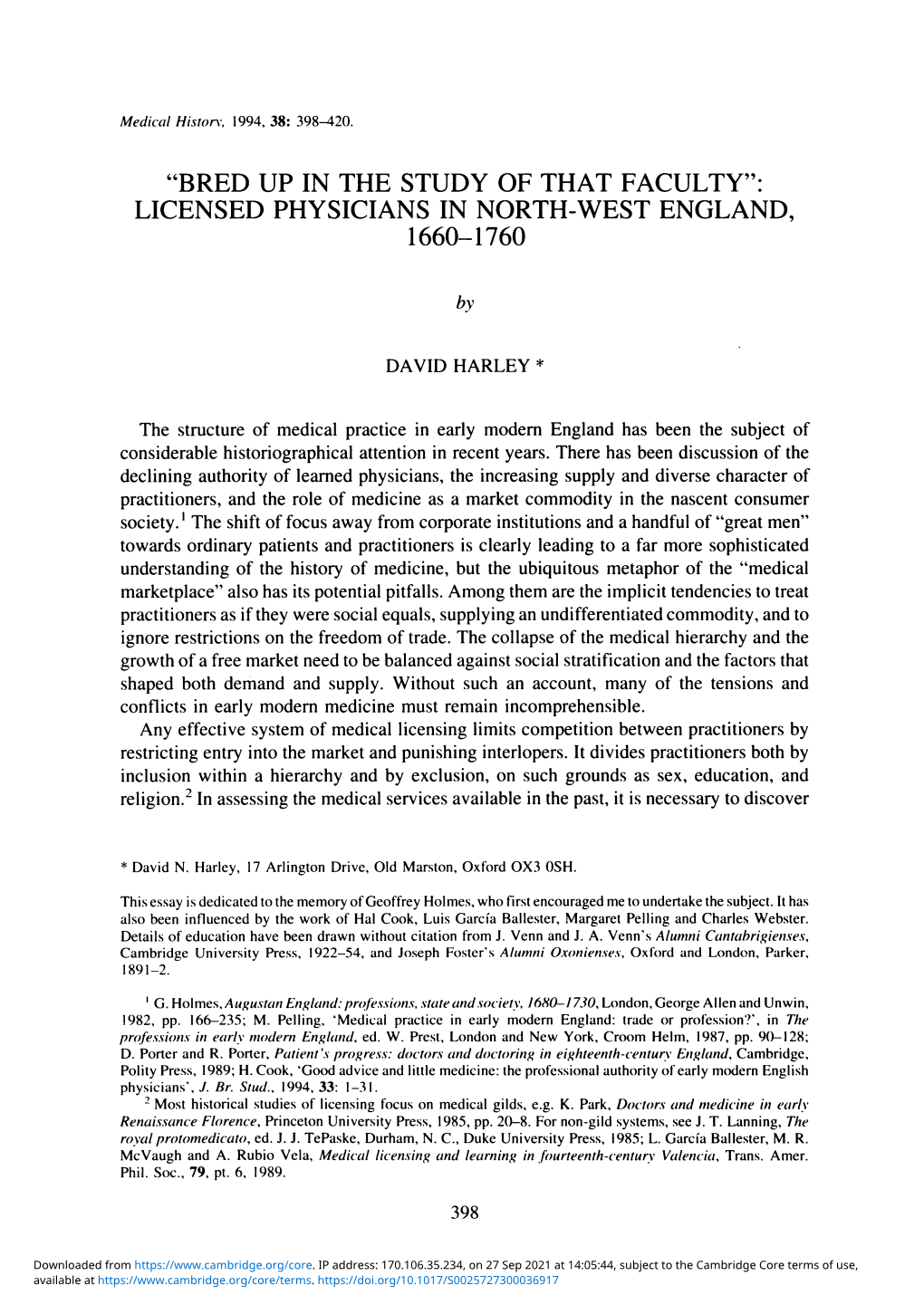 Licensed Physicians in North-West England, 1660-1760