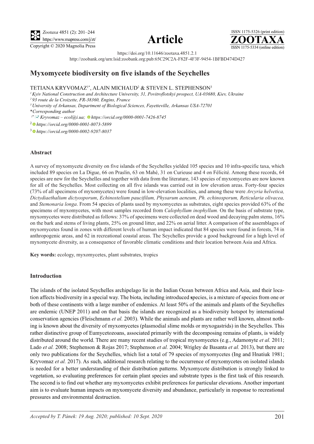 Myxomycete Biodiversity on Five Islands of the Seychelles