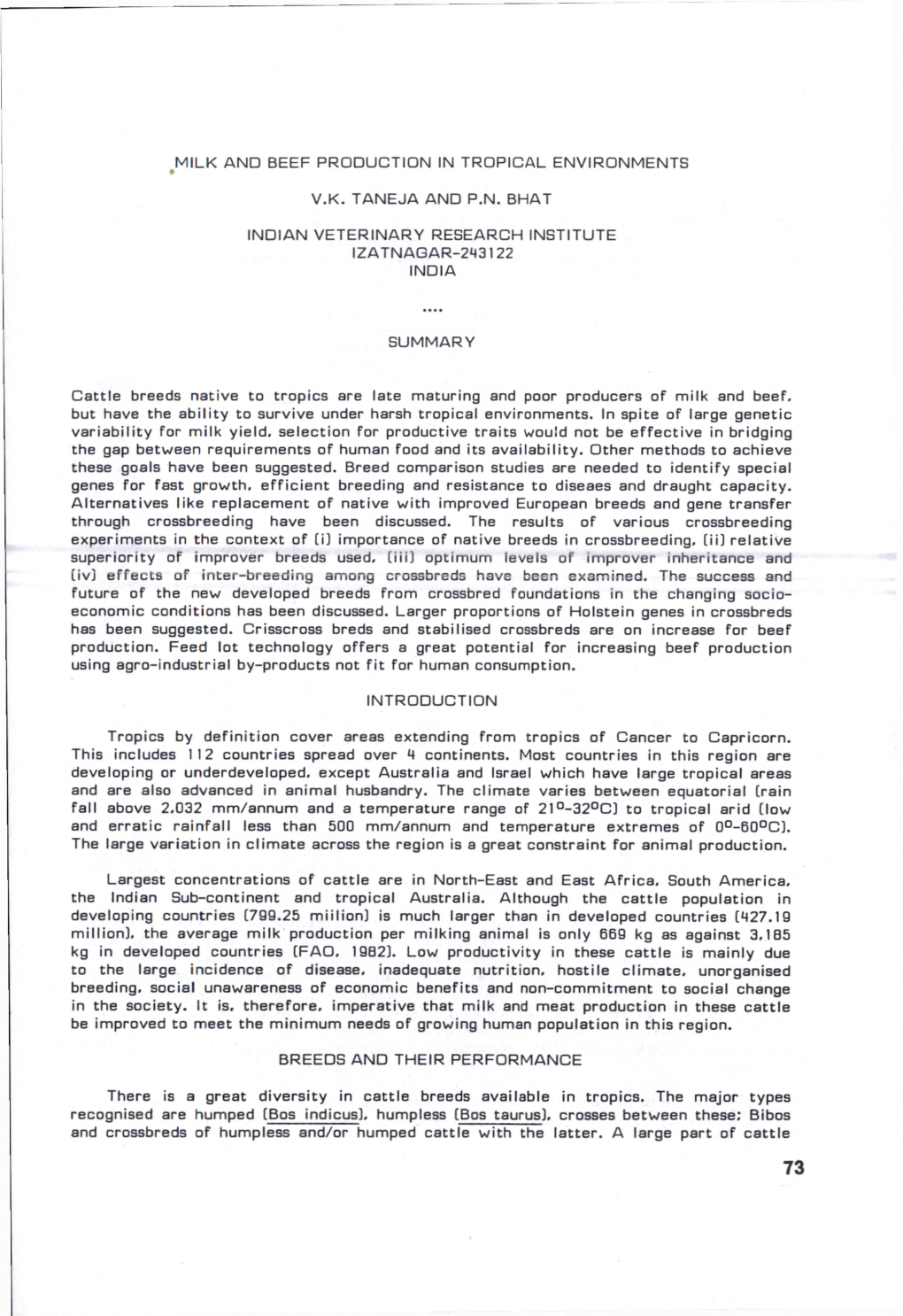 Milk and Beef Production in Tropical Environments V.K. Taneja and P.N. Bhat Indian Veterinary Research Institute Izatnagar-24312