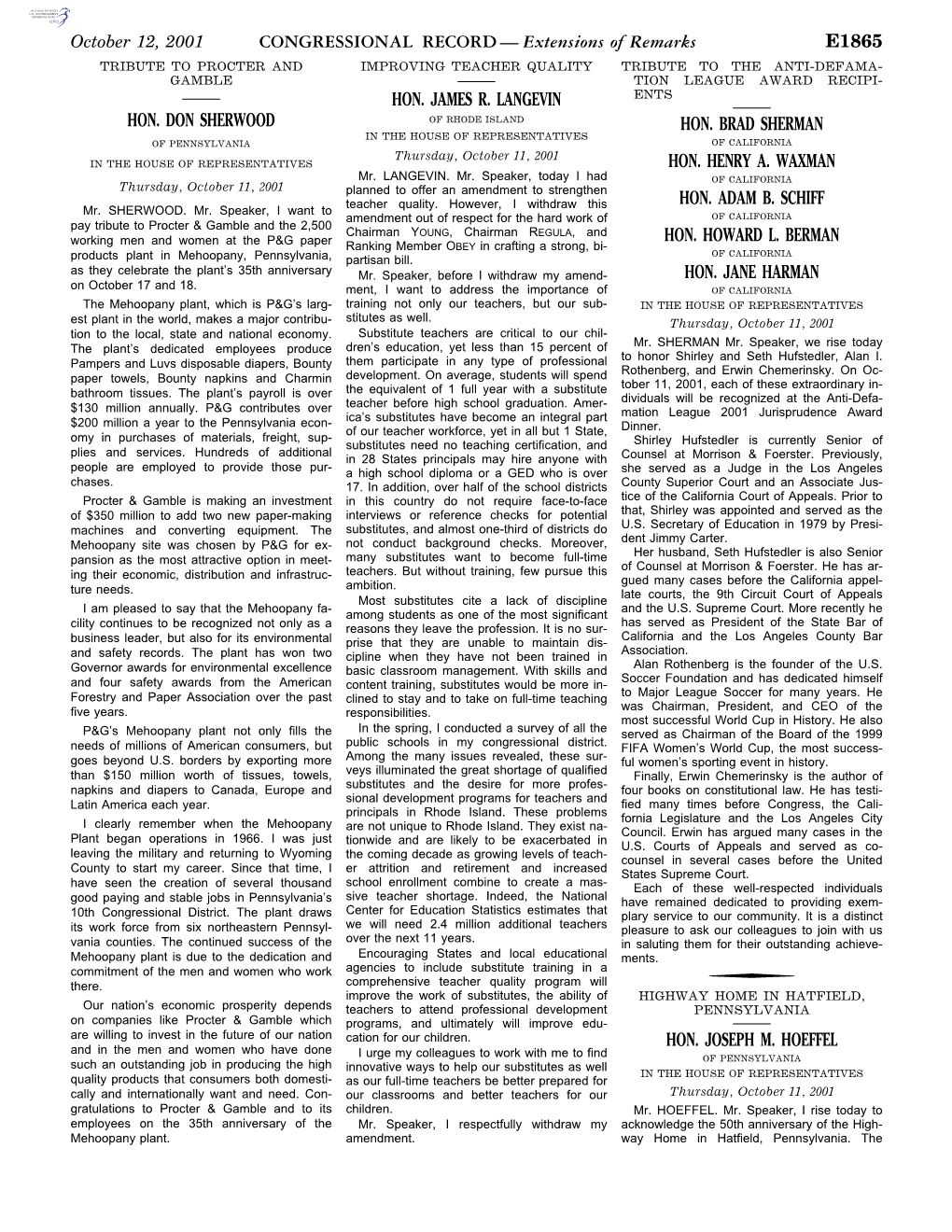 CONGRESSIONAL RECORD— Extensions of Remarks E1865 HON