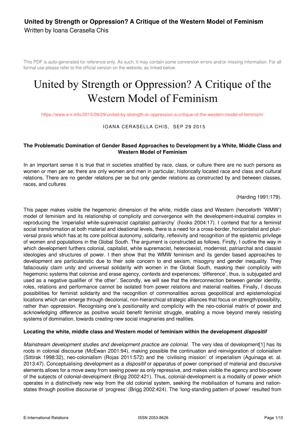 United by Strength Or Oppression? a Critique of the Western Model of Feminism Written by Ioana Cerasella Chis