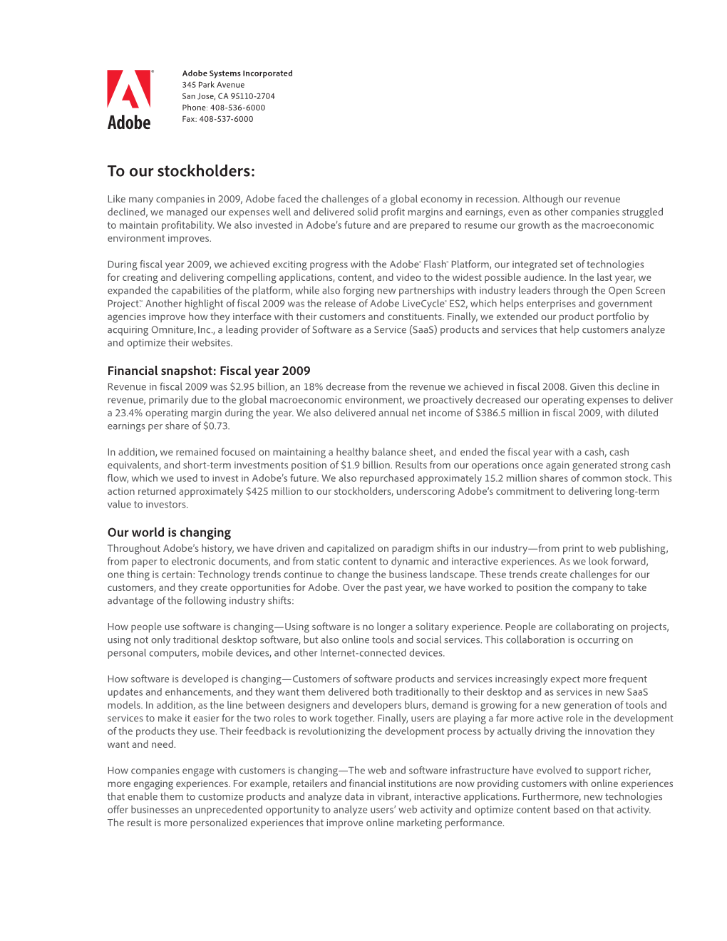 Adobe Systems Incorporated 2010 Letter to Stockholders