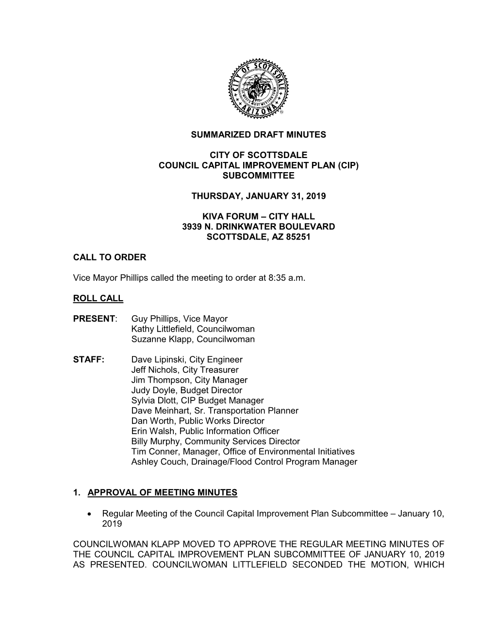 Summarized Draft Minutes City of Scottsdale Council