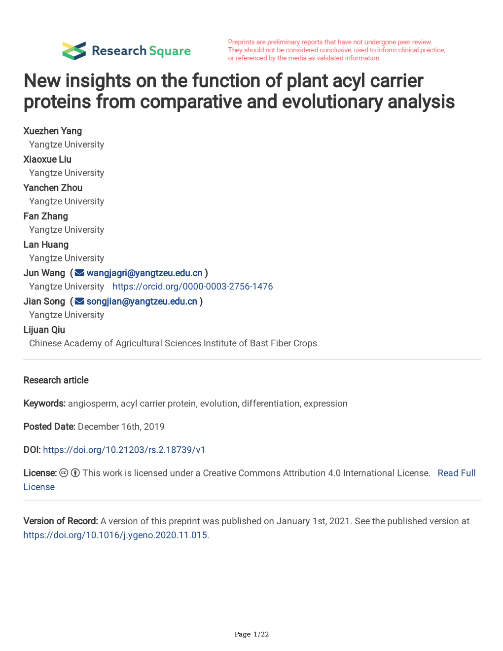 New Insights on the Function of Plant Acyl Carrier Proteins from Comparative and Evolutionary Analysis
