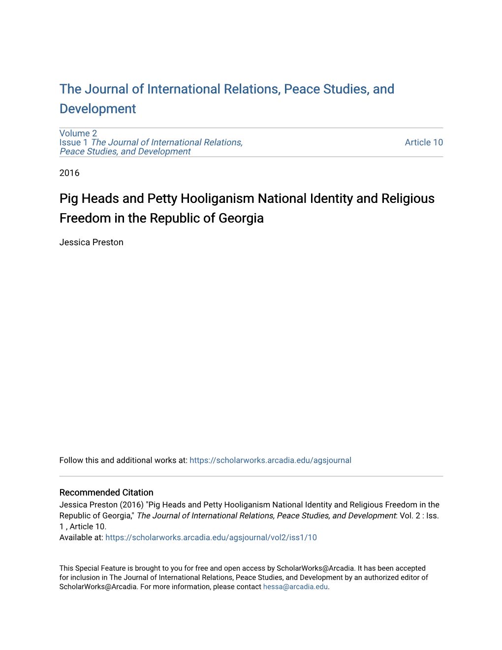 Pig Heads and Petty Hooliganism National Identity and Religious Freedom in the Republic of Georgia