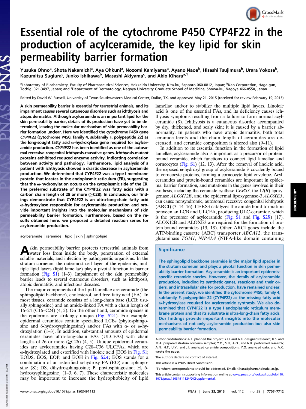 Essential Role of the Cytochrome P450 CYP4F22 in the Production of Acylceramide, the Key Lipid for Skin Permeability Barrier Formation