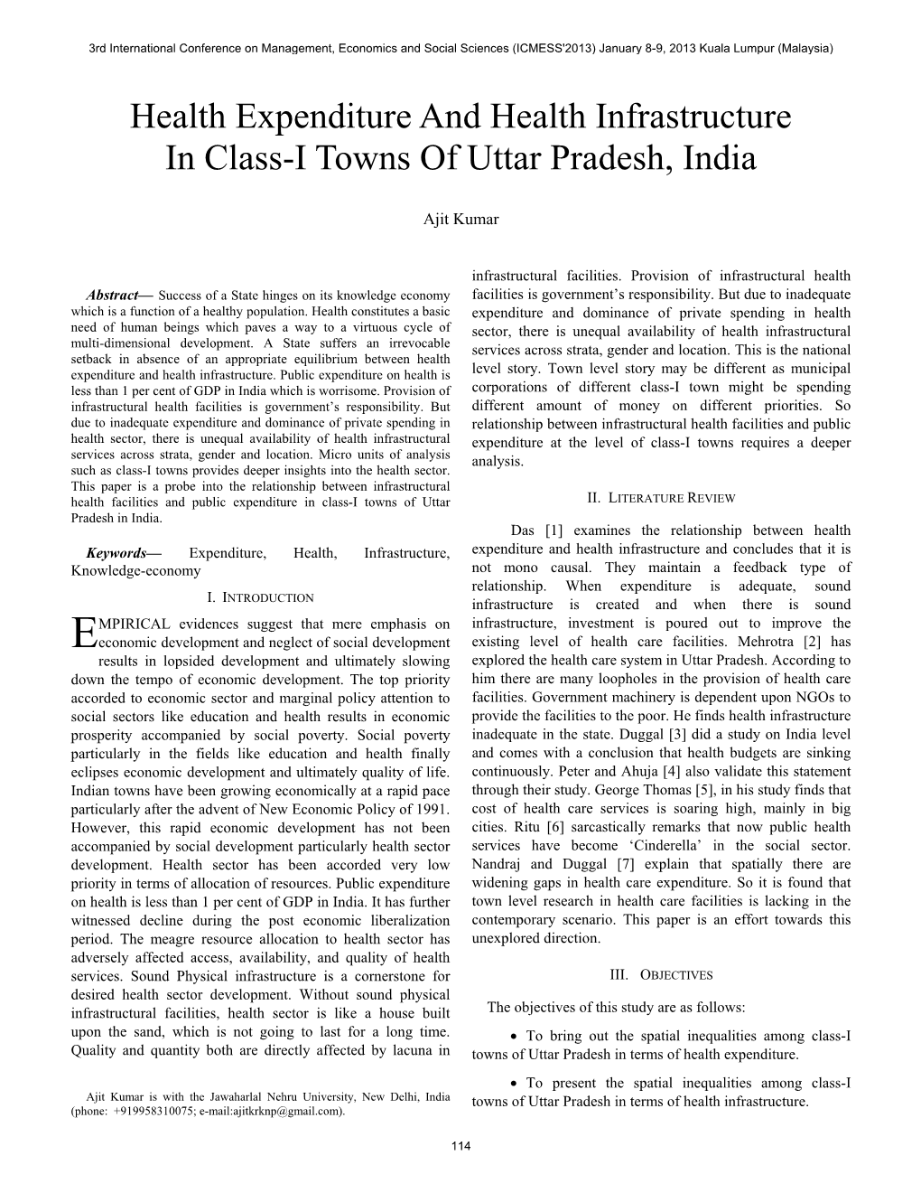 Health Expenditure and Health Infrastructure in Class-I Towns of Uttar Pradesh, India
