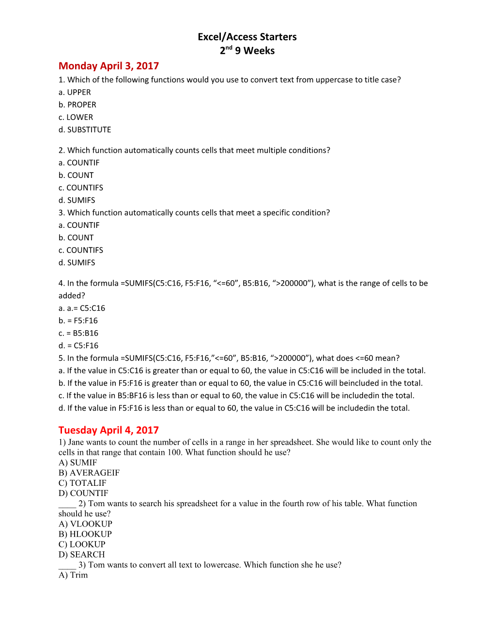 Excel/Access Starters