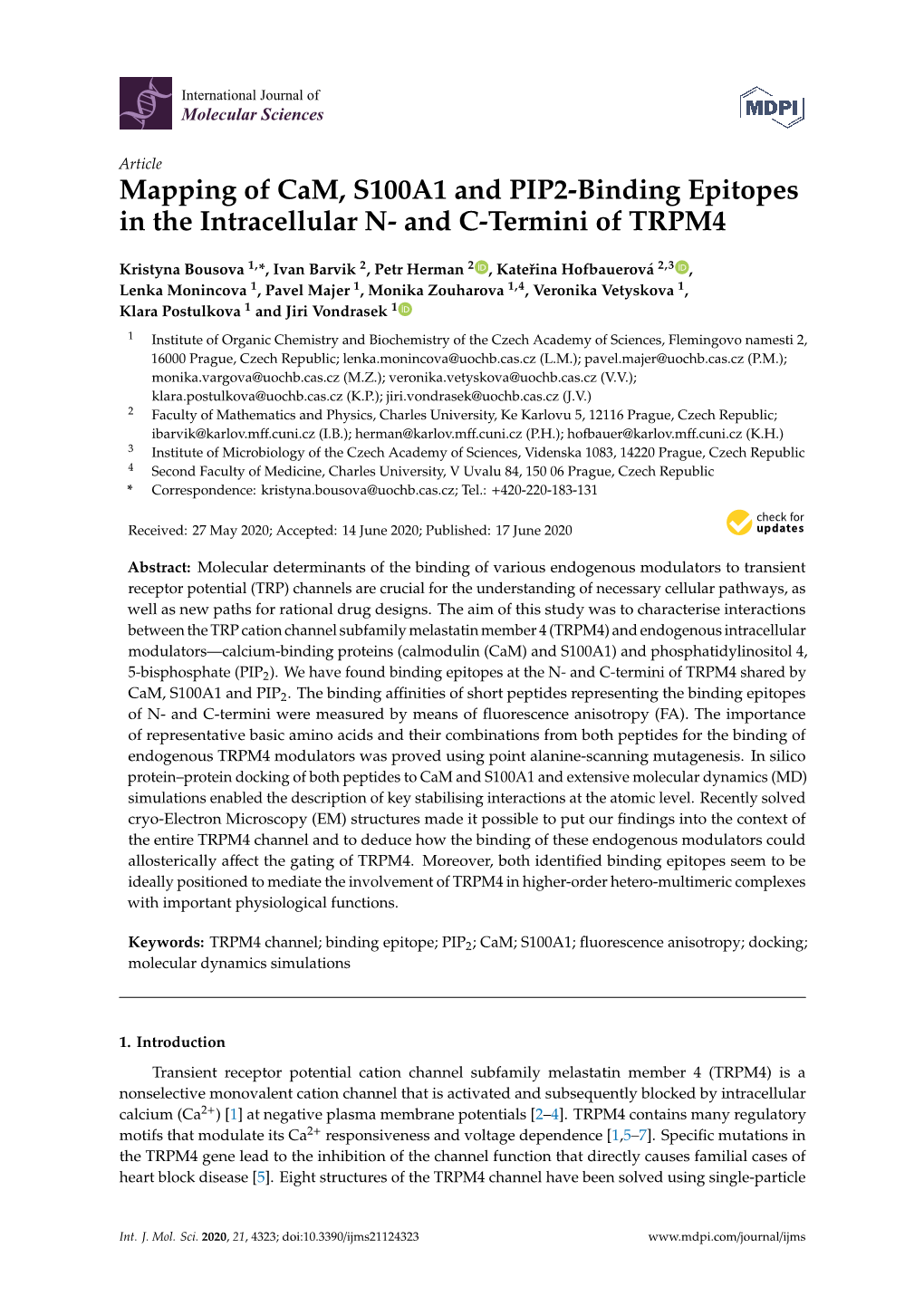 Mapping of Cam, S100A1 and PIP2-Binding Epitopes in the Intracellular N- and C-Termini of TRPM4