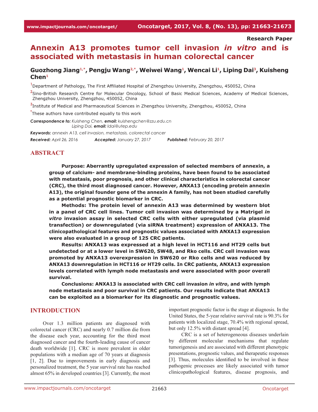 Annexin A13 Promotes Tumor Cell Invasion in Vitro and Is Associated with Metastasis in Human Colorectal Cancer