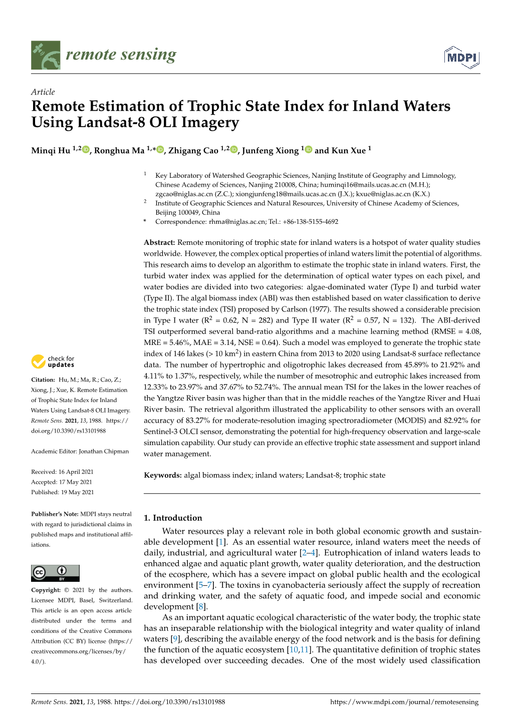 Remote Estimation of Trophic State Index for Inland Waters Using Landsat-8 OLI Imagery