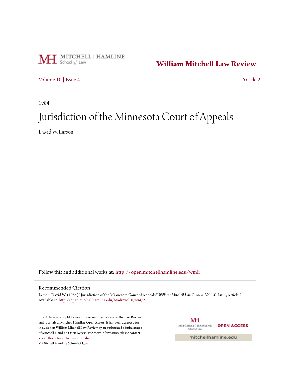 Jurisdiction of the Minnesota Court of Appeals David W