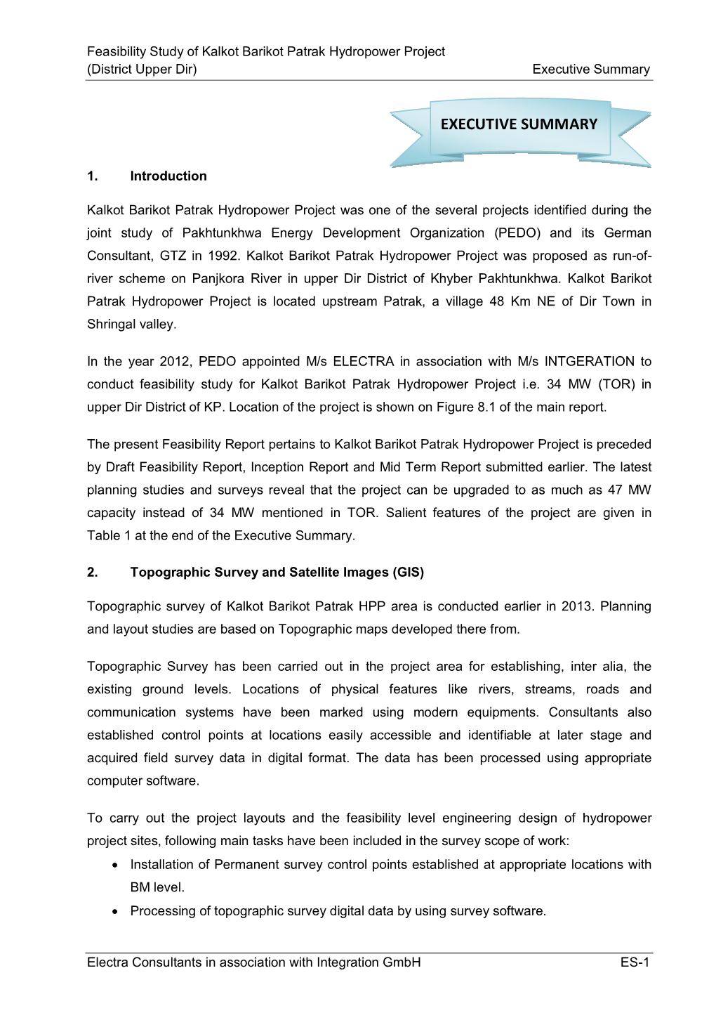 Feasibility Study of Kalkot Barikot Patrak Hydropower Project (District Upper Dir) Executive Summary
