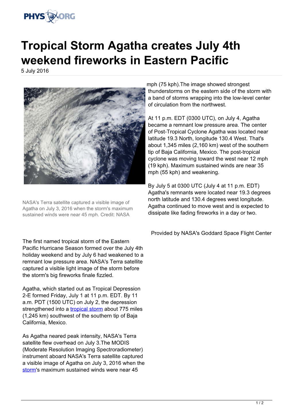 Tropical Storm Agatha Creates July 4Th Weekend Fireworks in Eastern Pacific 5 July 2016