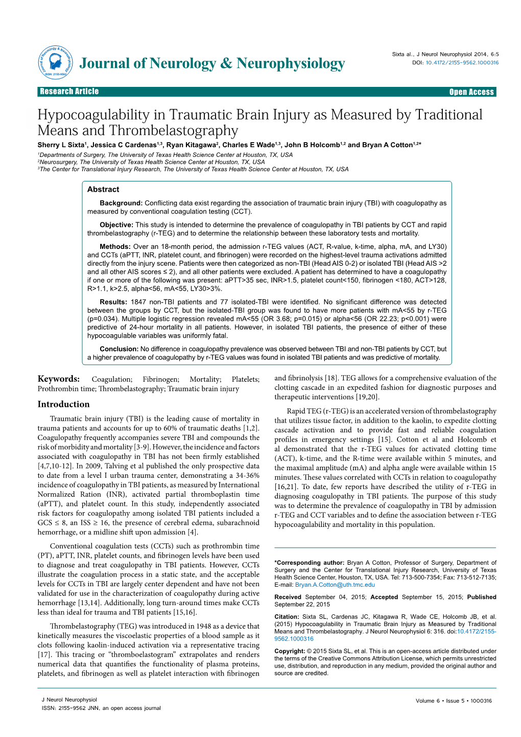 Hypocoagulability in Traumatic Brain Injury As Measured by Traditional