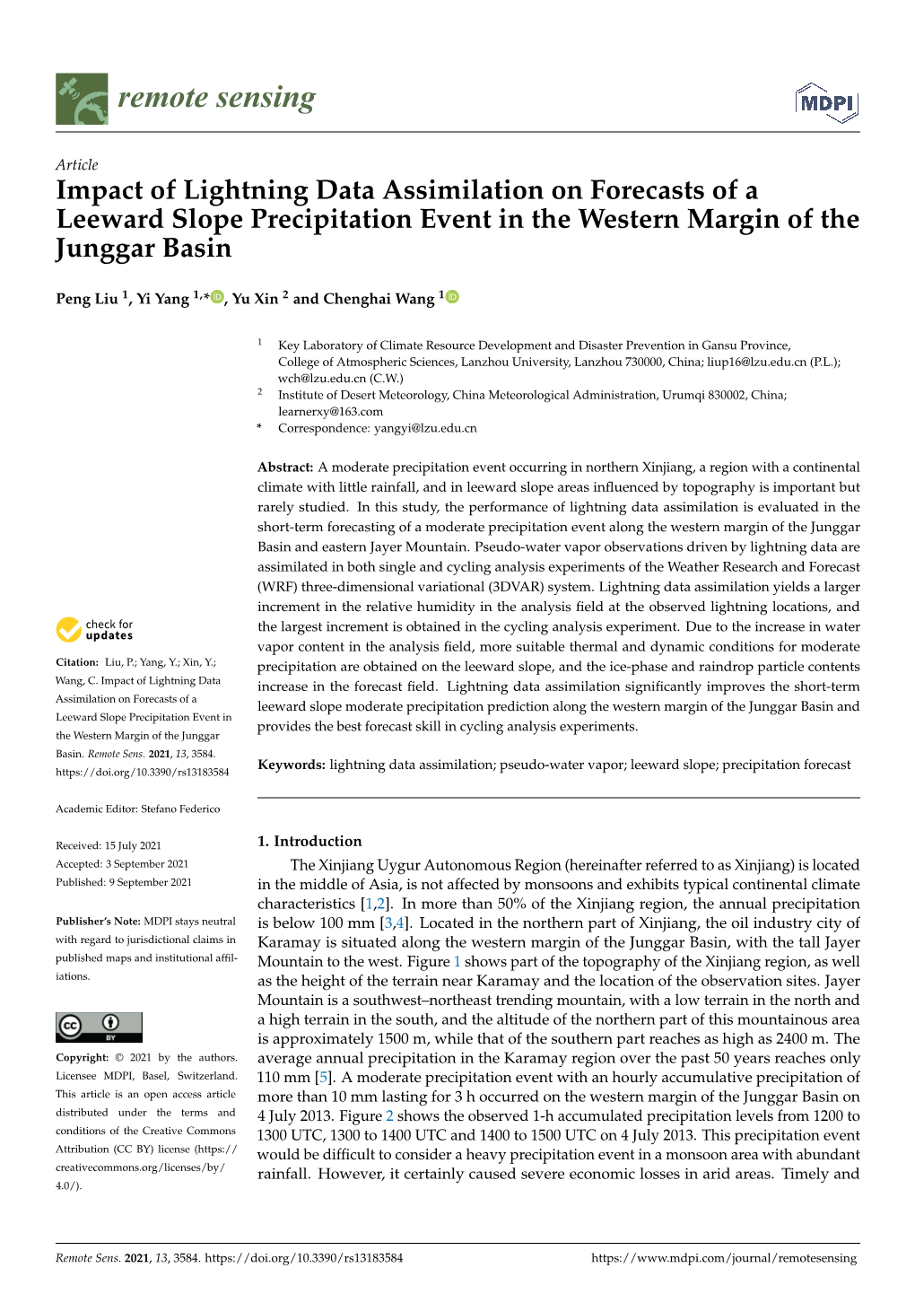 Impact of Lightning Data Assimilation on Forecasts of a Leeward Slope Precipitation Event in the Western Margin of the Junggar Basin