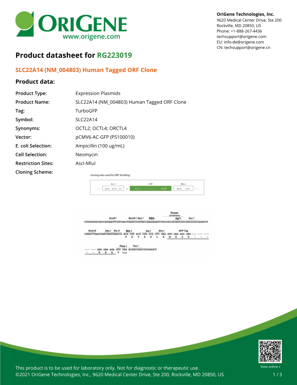 SLC22A14 (NM 004803) Human Tagged ORF Clone Product Data