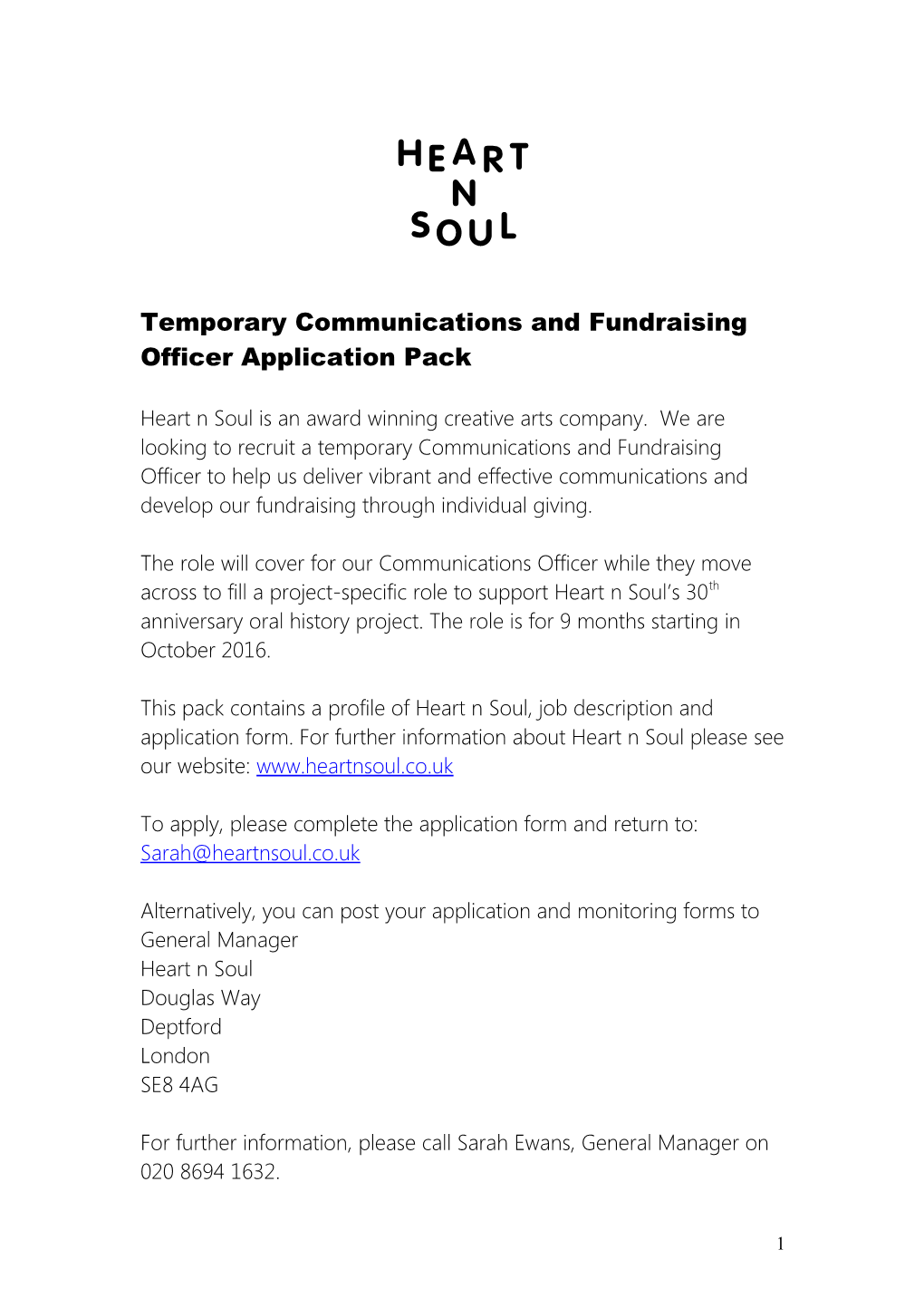 Temporary Communications and Fundraising Officer Application Pack