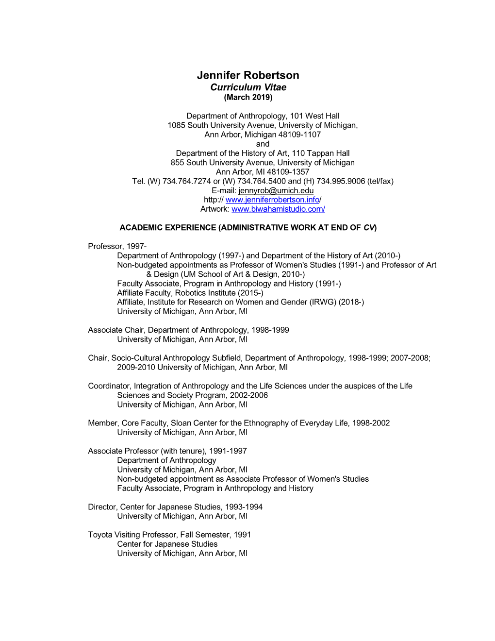 Jennifer Robertson Curriculum Vitae (March 2019)