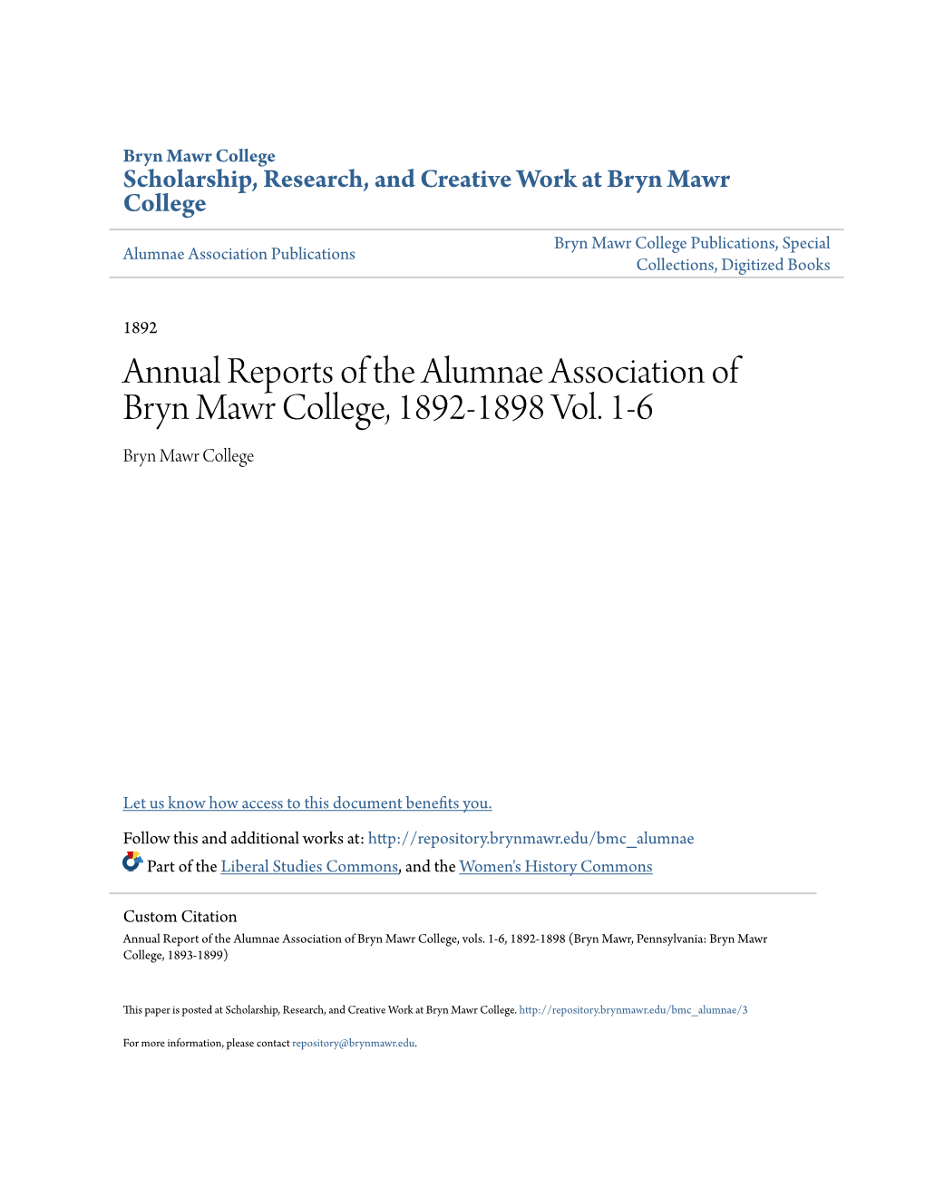 Annual Reports of the Alumnae Association of Bryn Mawr College, 1892-1898 Vol