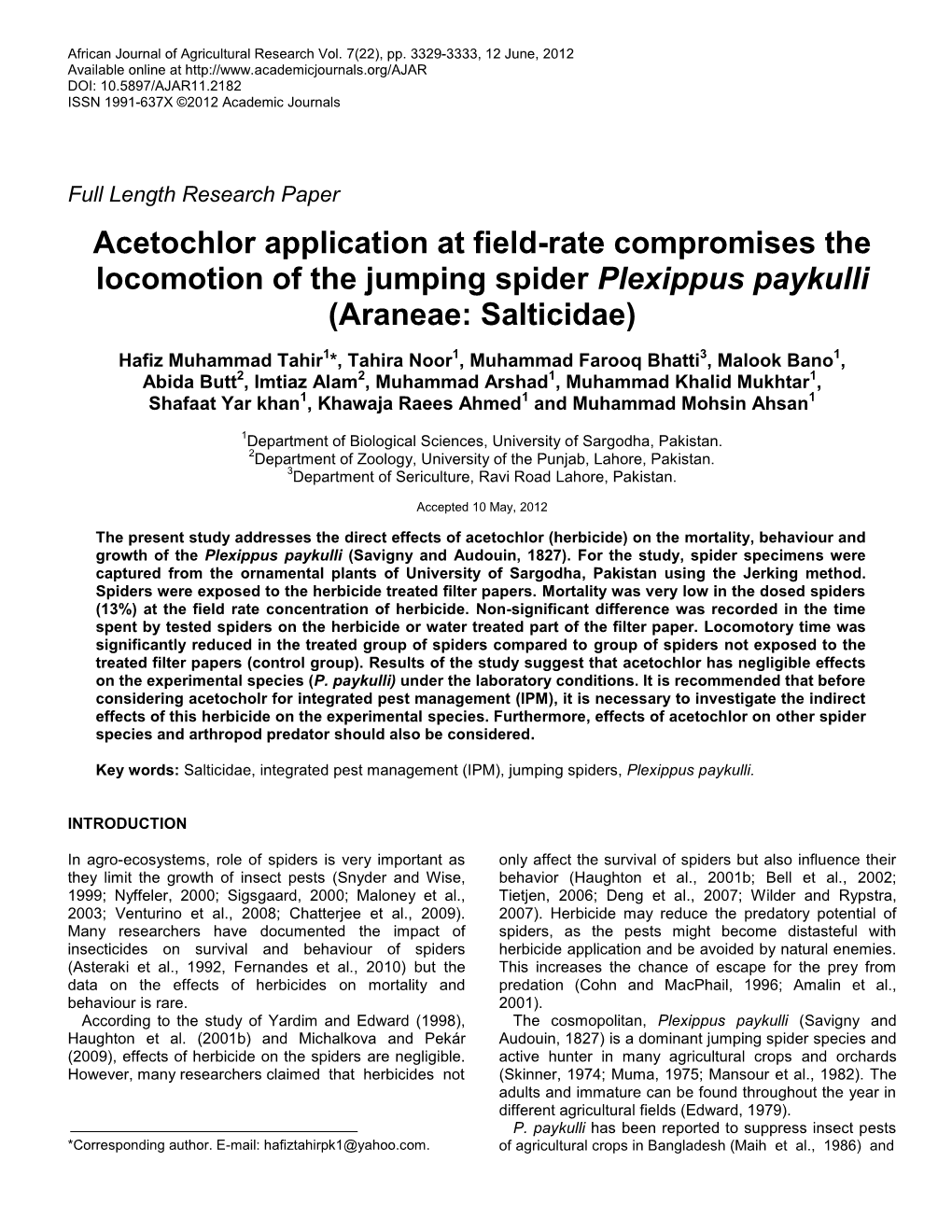 Effect of Acetochlor on the Survival, Behaviour And