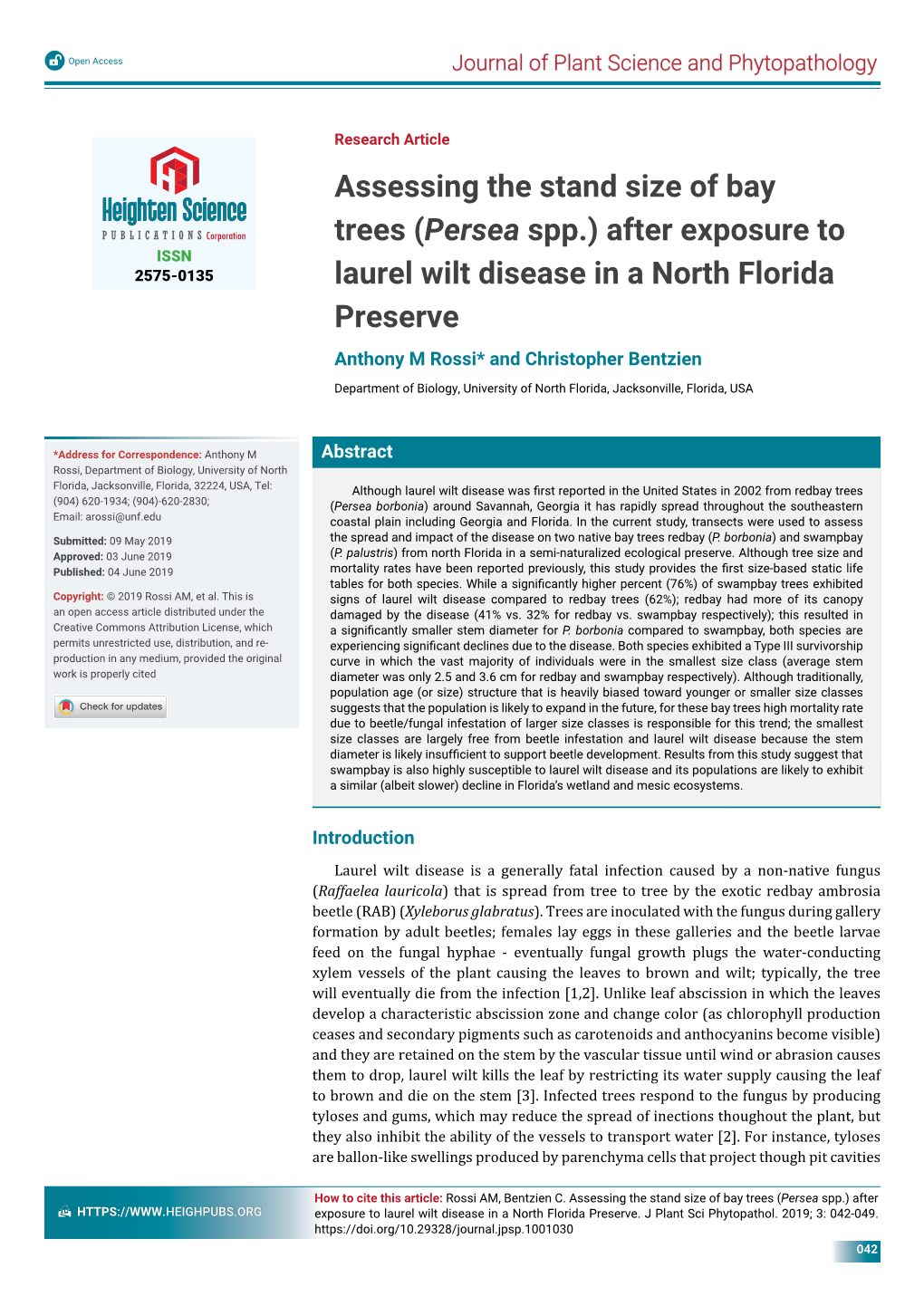 Assessing the Stand Size of Bay Trees (Persea Spp.) After Exposure To
