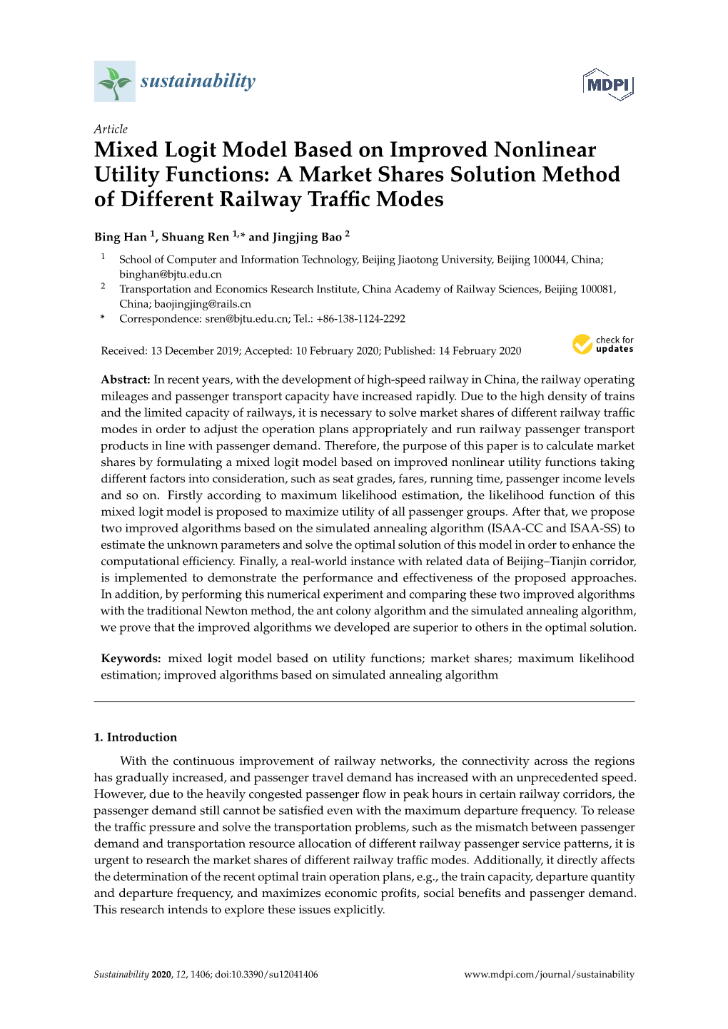 Mixed Logit Model Based on Improved Nonlinear Utility Functions: a Market Shares Solution Method of Different Railway Trafﬁc Modes