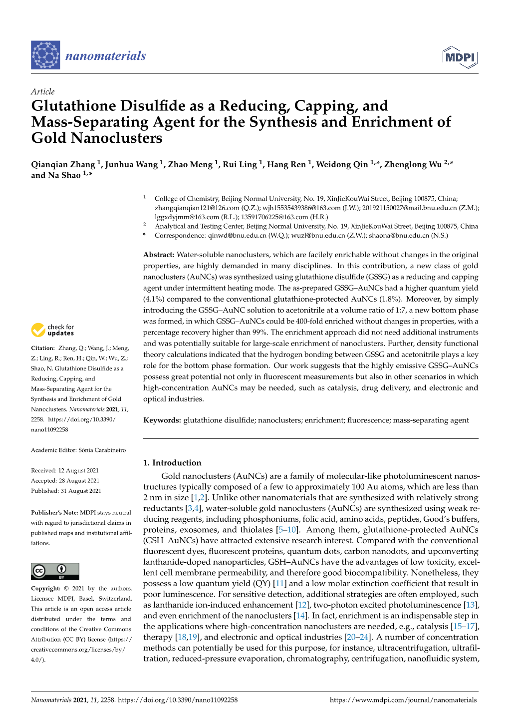 Glutathione Disulfide As a Reducing, Capping, and Mass-Separating Agent for the Synthesis and Enrichment of Gold Nanoclusters