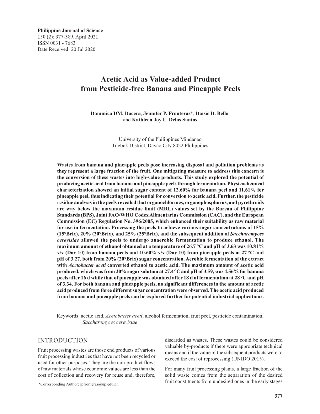 Acetic Acid As Value-Added Product from Pesticide-Free Banana and Pineapple Peels