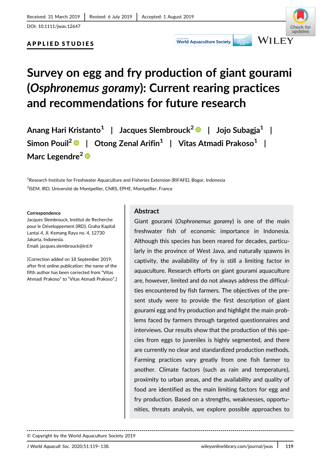 Survey on Egg and Fry Production of Giant Gourami (Osphronemus Goramy): Current Rearing Practices and Recommendations for Future Research