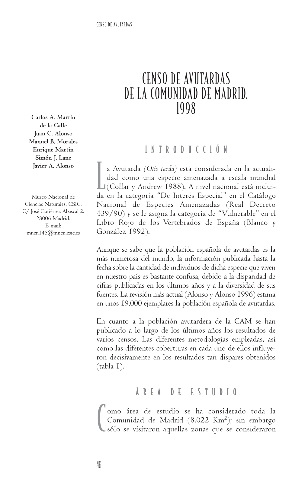 Censo De Avutardas De La Comunidad De Madrid 1998