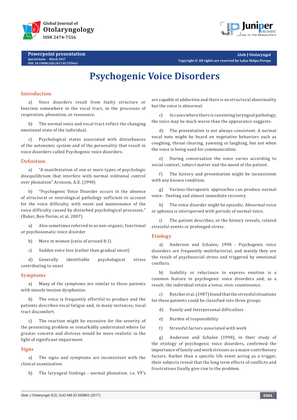 Psychogenic Voice Disorders