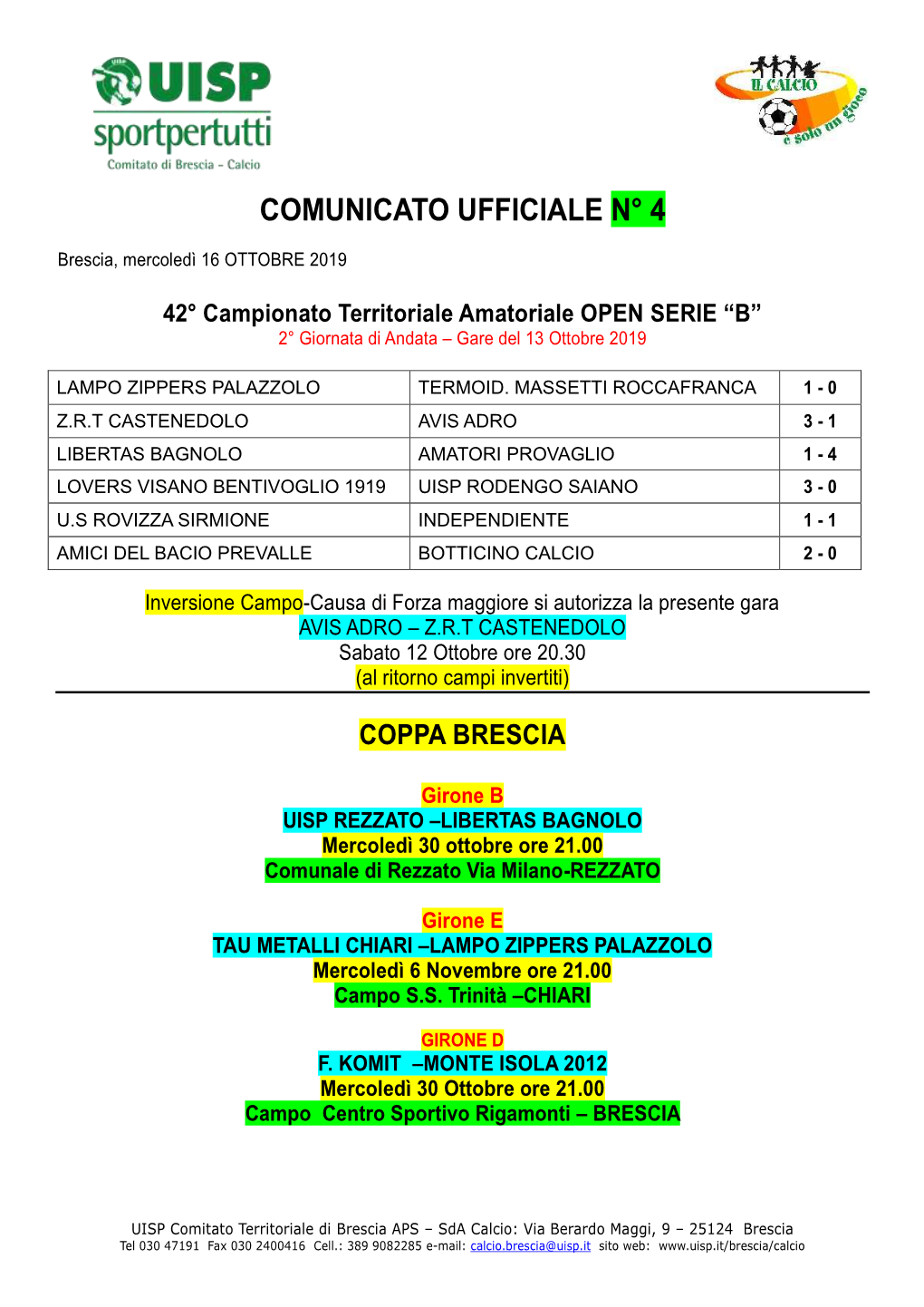 Comunicato Ufficiale N° 4