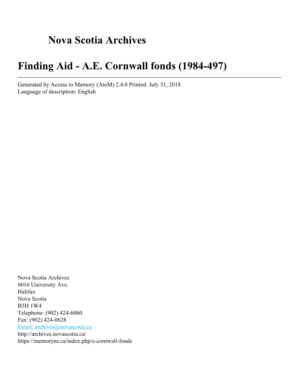 AE Cornwall Fonds (1984-497)
